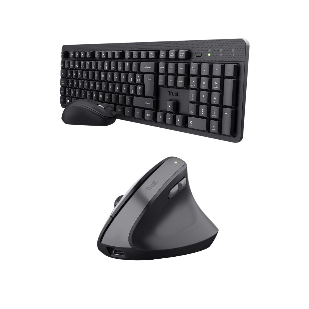 Trust Ymo II Pack Teclado y Ratón Inalámbrico QWERTY Español + Yuno Ratón Vertical Ergonómico Inalámbrico Recargable, Reducir la Tensión en Brazos y Muñecas, PC Ordenador Portátil Mac