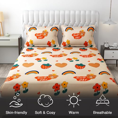 Image of RD FABS Cartoon Wrinkle Free Glace Cotton Bedsheet for Kids with 2 Pillow Cover (Double Bed King Size 90X95 Inches /Good Day /Pale Color /Boys Girls Room), 144 Tc,Multicolor