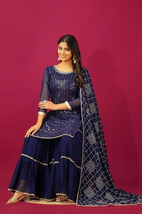 Image of Women's Designer Chinon Silk Sharara Suit Set, Sequence Embroidery Kurti with Tiered Sharara and Dupatta