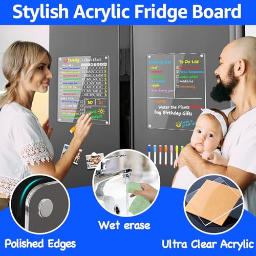 Image of PigPotParty Clear Acrylic Magnetic Chore Chart and Blank Memo Whiteboard for Fridge, 2 Pack 9.5 inchx12 inch Dry Erase Board to Do List Meal Planner for Adult Teens Kids Family, Include 8 Markers & 1 Towel