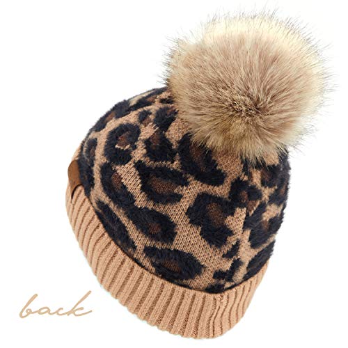 Image of C.C Exclusives Soft Beanie hat with Leopard Pattern and Fur Pom(HAT-7001)(SF-7001)