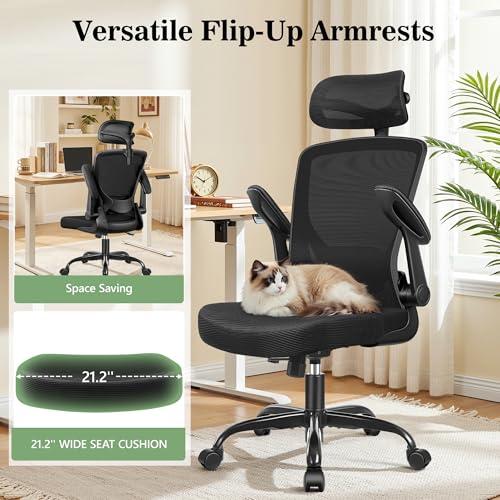 Image of Ergonomic Office Desk Chair, Computer Desk Chair with Adjustable Lumbar Support, FILP-up Arms, Breathable Mesh Home Office Chairs Comfortable for Long Hours, Black