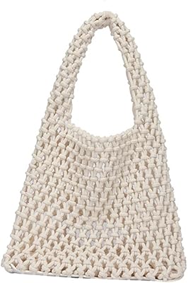 Handmade Leather Woven Beach Bag For Woman, Cutout Tote Bag, Cotton Rope Mesh Bag Shoulder Bag Shopping Bag, Boho Style Bag (White)