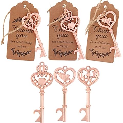30 Pack Wedding Favors Skeleton Key Bottle Opener with Tag, Rose Gold Key Bottle Opener Wedding Favor for Guests Wedding Souvenirs Gifts Bridal Shower Party Favors (Rose Gold Heart, 30) Cover