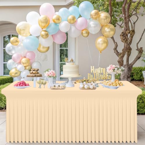 Image of Smiry Spandex Elastic Fitted Table Cloth Skirt for 8FT Rectangle Table | Stretch Washable Table Cloth, Banquet Table Cover for Wedding, Party, Indoor & Trade Shows, (Ivory, 96Lx30Wx30H)