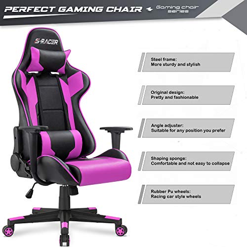 Furniwell Gaming Chair Racing Computer Chair PC Office Desk Chair Adjustable Swivel High Back Carbon Fiber Style PU Leather Executive Ergonomic Chair with Headrest and Lumbar Support (Violet) - Thumbnail 2