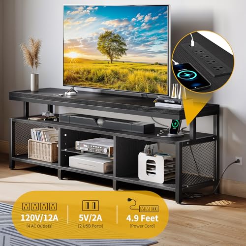 DWVO Living Room TV Stands for 70/65 inch TV LED Entertainment Center with Storage, Modern Television Stand, Industrial Media Console Cabinet with Power Outlets, Black