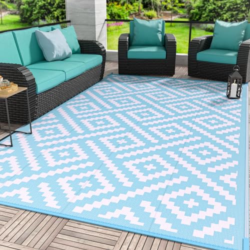Image of GENIMO Outdoor Rug for Patio Clearance, 6'x9' Waterproof Camping Mat, Reversible Plastic Straw Rugs for RV, Camper, Balcony, Backyard, Picnic, Deck (Baby Blue & Pink)