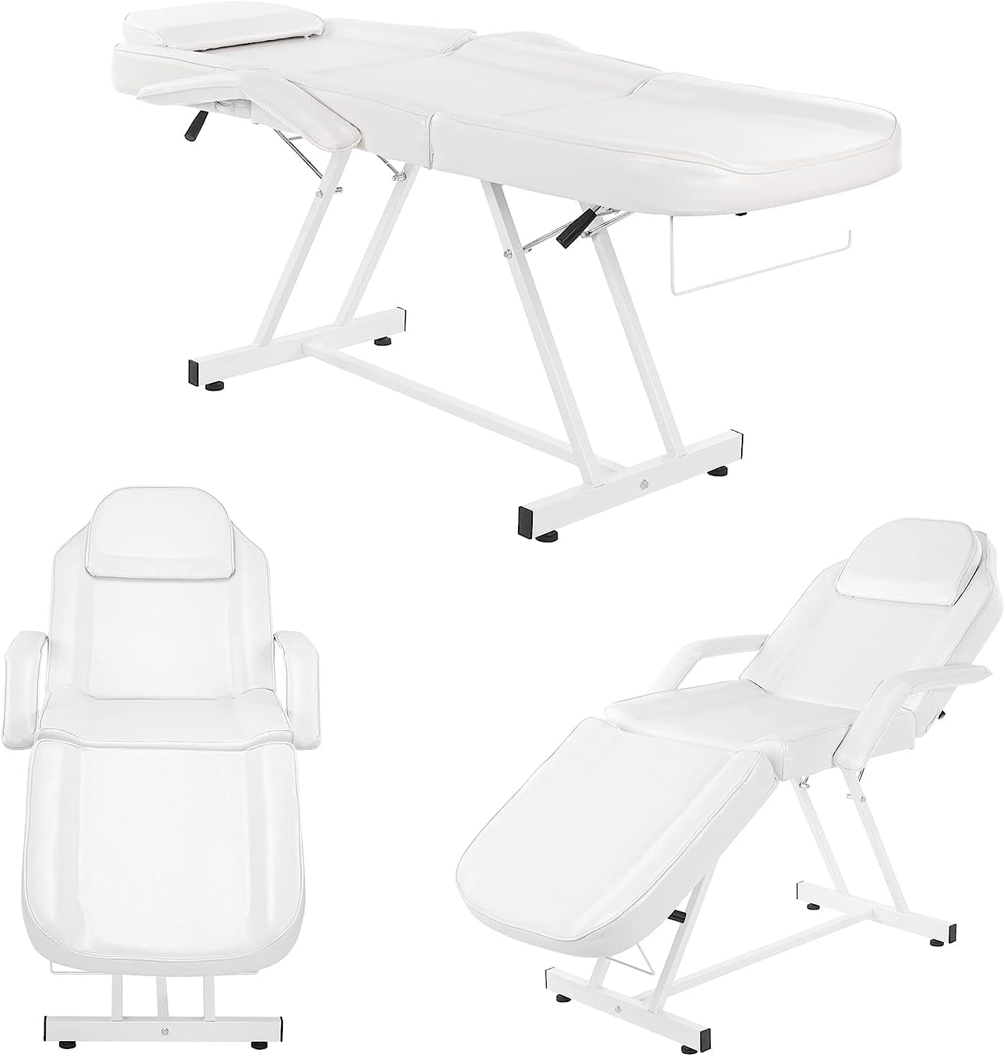 LEADZM Massageliege Klappbar Kosmetikliege mit Rollhocker 3 Zonen Höhenverstellbar Massagetisch Massagebett mit Rollhocker Drehhocker, Friseurstuhl für Friseur Spa Schönheitssalon Ausrüstung (Weiß)