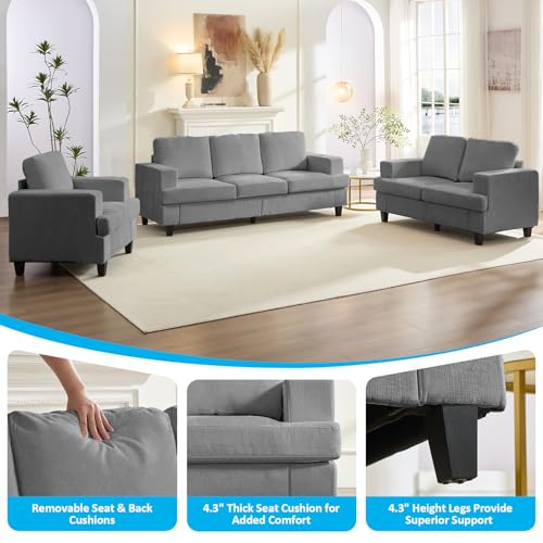 Image of Mjkone 3 Pieces Living Room Sofa Sets, 3 Seat 82 inch W Sectional Sofas Couch and Loveseat Sets with Armchair, Sofas Couches for Living Room Furniture Set, 3-Seater Sofa + Loveseat + Armchair, Light Grey