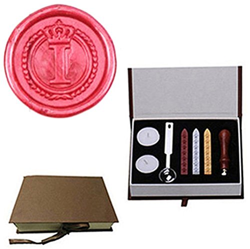 MNYR Vintage Alphabet Letter I Crown Wreath Initial Embossment Wedding Invitations Gift Cards Wax Seal Stamp Stationary Sealing Wax Stamp Wood Handel Gift Box Candles Wax Sticks Melting Spoon Kit Set