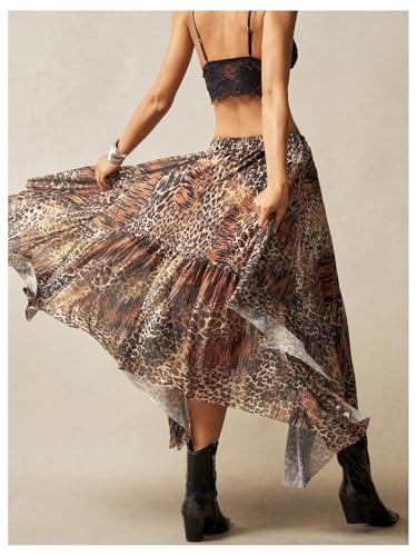 Women's Leopard Long Skirt Vintage Cheetah Low Rise Ruffle Asymmetrical Flowy Skirt2