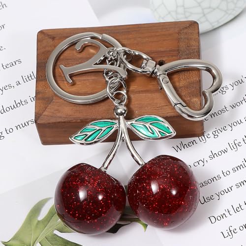 Heart-Shaped Keychain with Initial A-Z and Cherry Charm Bag Charms for Women,Car Accessories