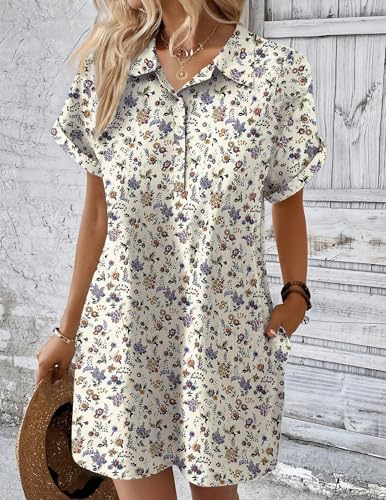 Image of Zeagoo Womens Cotton Shirt Dress Summer Casual Short Sleeve Button Down Beach Cover Up Shirts with Pockets