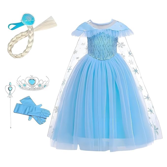 PREMOURE Polyester Frozen Princess Elsa Costumes For Girls Toddlers Fancy Dress Up With Wand, Gloves, Wig, Jewelry Set For Birthday, Party, Cosplay Costume For Girls (6-7 Years), Blue (B0D2323PQ4) Amazon Price History, Amazon Price Tracker