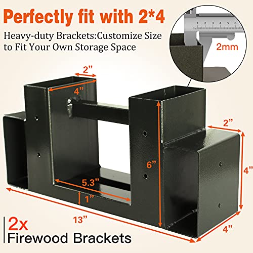 Gardguard Outdoor Firewood Racks - 2 Pack Log Storage Rack Bracket Kit, Rust Free Heavy Duty Steel Adjustable Length Outside Fireplace Wood Holder With Screws, And Hooks (Dark Bronze Green) #TOP1