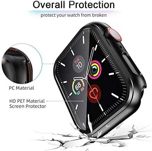 Image of HANKN 2 Pack Plated Tempered Glass Screen Protector Case Compatible with Apple Watch Series SE 6 5 4 40mm, Hard PC Full Coverage Cover HD Clear Shockproof Iwatch Bumper (Black+Black, 40mm)