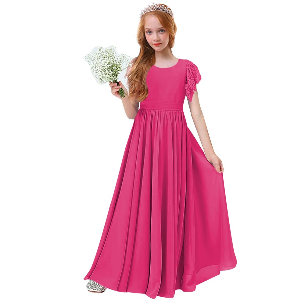 UCAZEUO Long Chiffon Junior Bridesmaid Dresses for Teens Girls with Lace Sleeve Formal Flower Girl Dress for Wedding