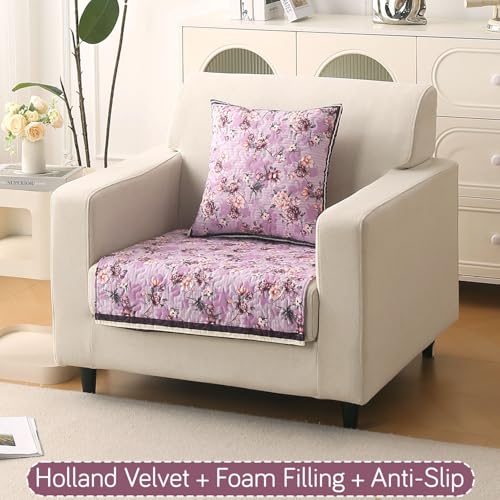 Image of HOKIPO 'Florentina Series' Premium Holland Velvet Sofa Cover Mat for 1 Seater Sofa with Foam Filling for Extra Softness, Anti-Slip Backing, Peony Lavender (IN-878-V6*1)