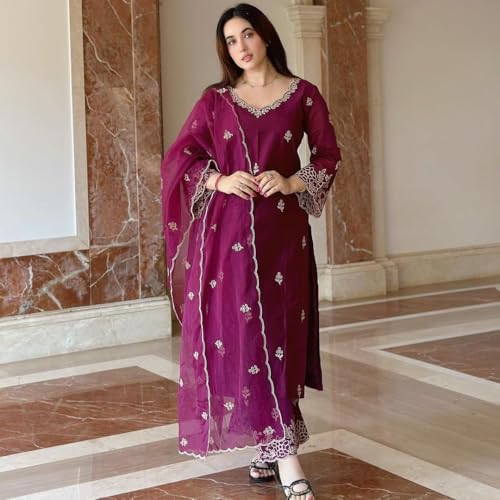 Image of Royal Export Women's Kurta Set | Viscose Silk Floral Embroidered Straight Kurta Pant Dupatta Set Kurta Sets for Women | Ladies Kurta Set (RX60-P)