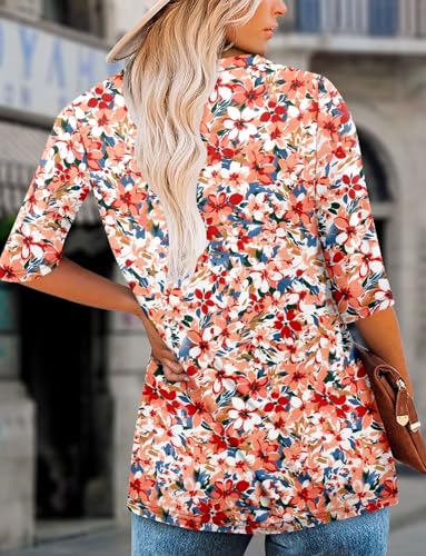 KISSMODA Tunic Tops for Women Loose Fit Dressy Round Neck Pleated 3/4 Length Sleeve Spring Tops