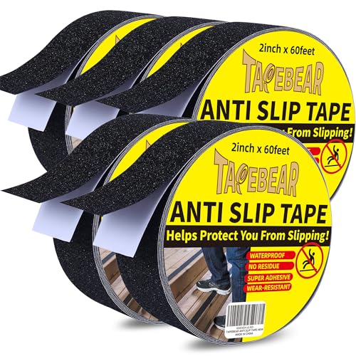 TAPEBEAR Black Safety Grip Tape 2inch x 60feet, Warning Anti-Slip Tape Strong Adhesive Waterproof for Indoor Outdoor Steps Stairs, Compatible with Plastic, Wood, Ceramic, Glass, Metal, 5Rolls