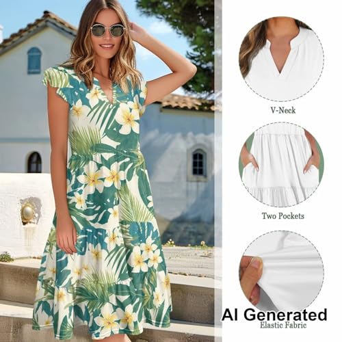 Image of Womens Summer Dress Ruffle Sleeve V Neck Dress Casual Fit Flowy Beach Vacation Sundress with Pocket S-2XL