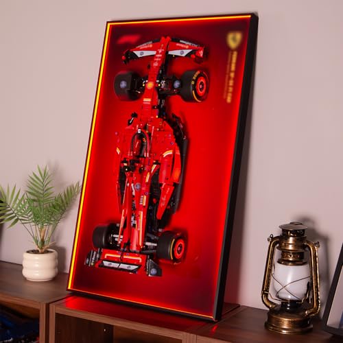 iCUANUTY Display Wallboard with RGB Colorful LED Lights for Lego Technic Ferrari SF-24 F1 42207 Model Car - Compatible with Lego F1 Car Display Frame, Adult Collectibles Wall Mount(No Car Included)