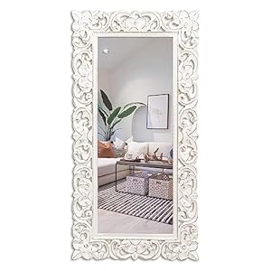 JFY DESIGNS | DOMINICK 18X36 CARVED WOOD MIRROR | RECTANGLE MIRROR FRAME | WALL MOUNTED MIRROR FOR VANITY | CONTEMPORARY, FARMHOUSE & RUSTIC FOR LIVING ROOM, BEDROOM, HALLWAY & ANY SPACE -WHITE MIRROR