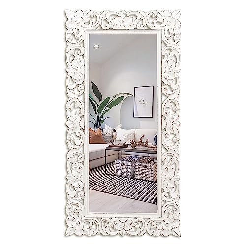 JFY DESIGNS | DOMINICK 18X36 CARVED WOOD MIRROR | RECTANGLE MIRROR FRAME | WALL MOUNTED MIRROR FOR VANITY | CONTEMPORARY, FARMHOUSE & RUSTIC FOR LIVING ROOM, BEDROOM, HALLWAY & ANY SPACE -WHITE MIRROR