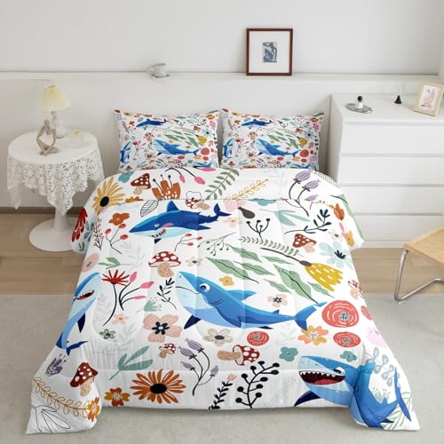 Erosebridal Kawaii Shark Comforter Set Mushroom Floral Twin Bedding Sets for Boys,Cartoon Animal Quilt Watercolor Flowers Leaves Toddler Duvet Insert for Girls Kids Children,Cute Room Decor