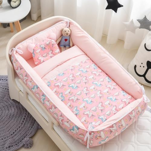 Sarinyい寝ベッド 赤ちゃん 寝具 新生児 ベビーマット (枕、ベッド、掛布団付き) 簡易ベッド 通気性 取り外し 洗える可能 0〜36ヶ月 ベビークッション 赤ちゃん 長く活用 安全 安心 出産祝い (ユニコーンパウダー)