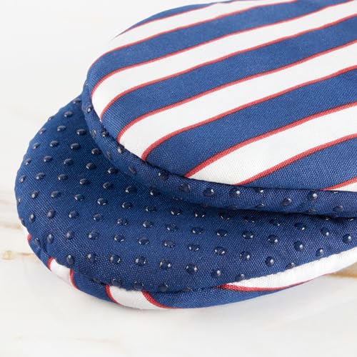 Image of kate spade new york Botanical Stripe Mini Oven Mitt 2-Pack Set, 5.5 inch x 8 inch, Navy Blue /Red