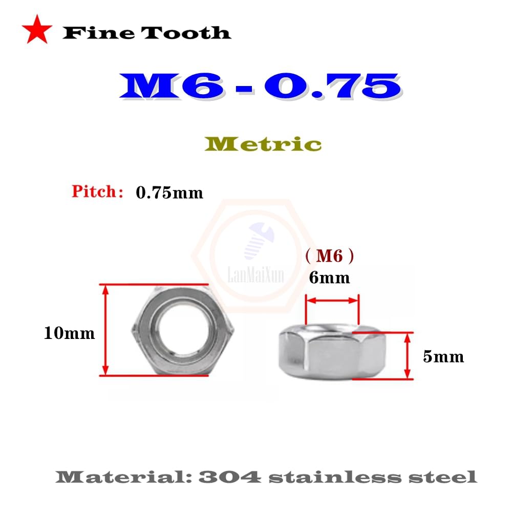 20 tuercas hexagonales M6 0.75 métricas de acero inoxidable 304 de rosca fina para fijación de precisión