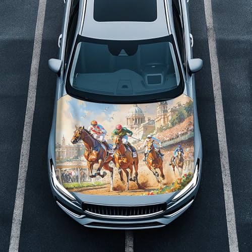 Image of Car Hood Cover for Cars Horse Racing Print Auto Exterior Accessories Stretchable Dustproof Auto Engine Cover Easy to Install All-Season Protection