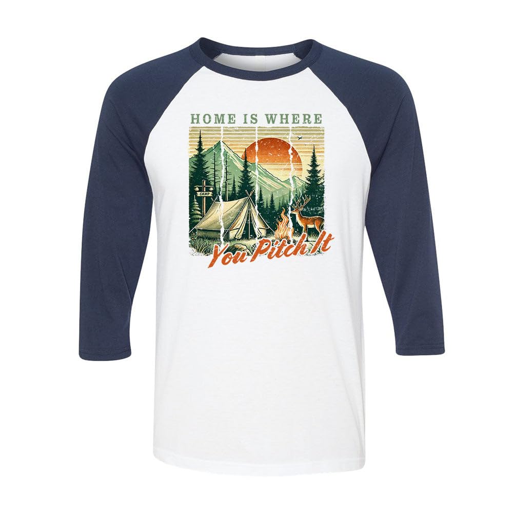 TeesAndTankYou Home is Where You Pitch It Three-Quarter Raglan Sleeve Baseball Shirt Unisex X-Large White/Navy
