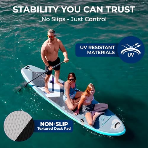 Image of SereneLife 10'6 inch Inflatable Stand Up Paddle Board with Premium SUP Accessories - 32 inch Wide Stable Design with Non-Slip EVA Deck Pad, for Youth and Adults, 350 lbs. Capacity