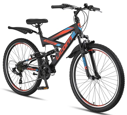 Licorne Bike Strong V Premium Mountainbike in 26 Zoll - Fahrrad für Jungen, Mädchen, Damen und Herren - Shimano 21 Gang-Schaltung - Vollfederung - Schwarz/Blau/Orange