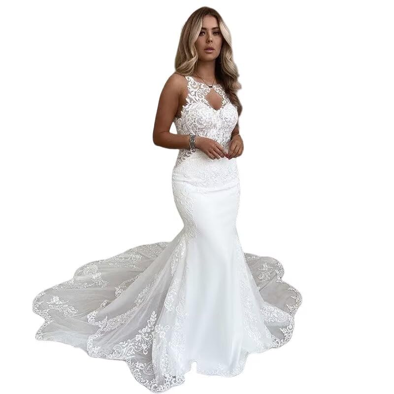 Laces Applique Tulle Wedding Dresses for Bride Bodycon Backless Long Boho Bridal Dress Mermaid with Train
