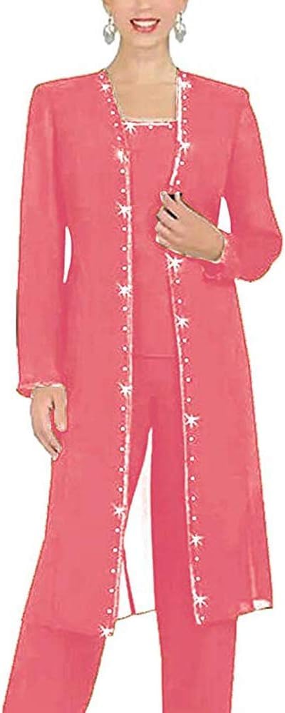 Leader of the Beauty 3 Piece Chiffon Beaded Pant Suits Mother of The Bride Pant Suits with Long Jacket for Women Formal 18 Coral