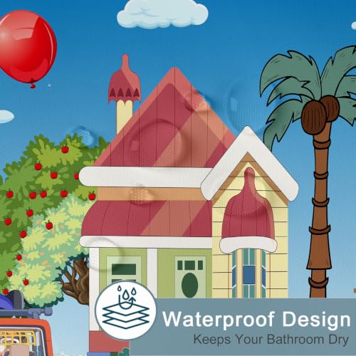 Image of Blue Them Balloon Cartoon House 72x78 Decorative Shower Curtain With Hooks | Bluey Backdrop With Cartoon House Red Balloon Print, Polyester Shower Curtain, With Hooks For Bathroom Decoration