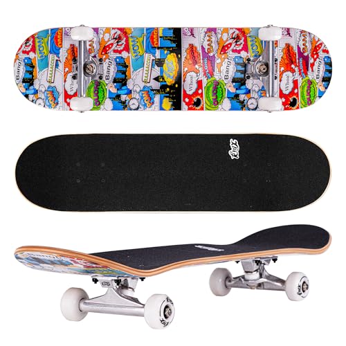 Arrow Board - 31 Zoll Profi Skateboard für Kinder, Anfänger, Jungen, Erwachsene, Junge, Mädchen. Kanadisches Ahornholz, Double Kick Concave-Deck | Profi Achsen | Cruising und Tricks(Comic-Stil)