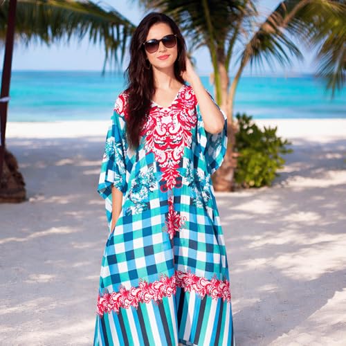 Image of Miss Lavish London Teal Check Print Kaftan Dress for Women V Neck Batwing Sleeve Maxi Beach Cover Up, Plus Size Caftan with Side Slits & Pockets, Resort Wear Swimsuit Coverup-Teal-3XL
