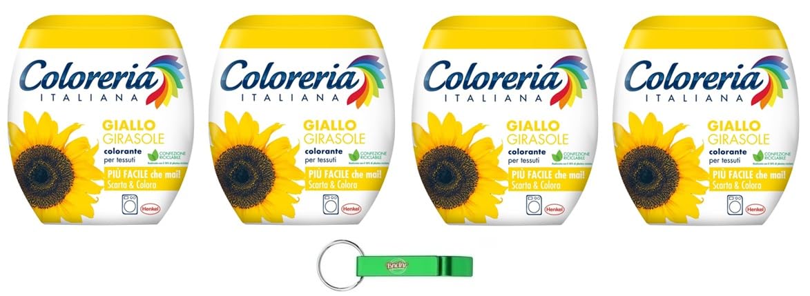 4x Coloreria Italiana Colorante Tessuti e Vestiti in Lavatrice, Giallo Girasole,Textil- und Kleiderfarbe für die Waschmaschine,Sonnenblumengelb 350g + Beni Culinari Kostenloser Schlüsselanhäng