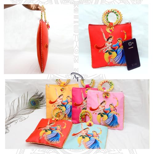 Image of Women Potli Bags Pack of 24 | Gifting Potli with Zip & Bangle Handle | Traditional Shagun Return Gifts Potli for Mehandi, Haldi, Baby Shower, Wedding, Sangeet (Radha Krishna)