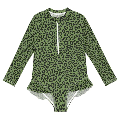 ALAZA Toddler Swimsuit Girl Bathing Suit Swimwear Rash Guard Green Leopard Cheetah Long Sleeve 3T