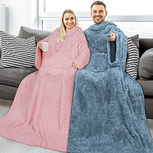 Pavilia Fluffy Blanket With Sleeves For Women Men Adults, Wearable Blanket Plush Soft Fuzzy, Hug Sleep Pod Snuggle Pocket Sleeved Tv Throw, Sherpa Fleece Warm Cozy Shaggy Gifts Ideas Mom Wife, Blue #TOP3