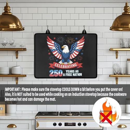 Image of Poceacles Glass Stove Cover Stovetop Protector Foldable Electric Stove Top Protector Prevent Scratching Washer Dryer Top Cover for 4th of July Home Decor, American Flag Eagle 250 Years