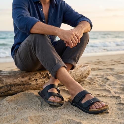 Image of CUSHIONAIRE Mars Double Buckle Slide Sandals for Men with Arch Support, Cork Footbed and EVA Outsole