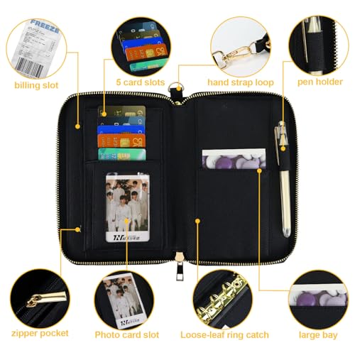 Buqoo Envelopes A6 Budget Binder Cash Envelopes de couro PU com zíper 6 anéis, organizador de cartei